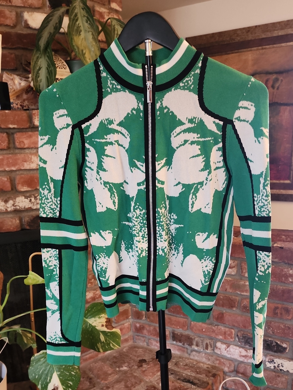 Karen Millen Green White Graphic Jacquard Full-Zip Cardigan Sweater